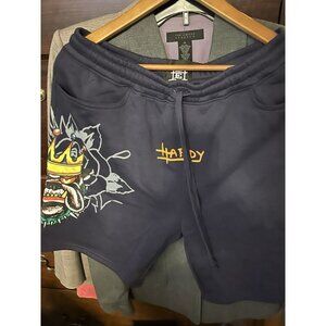 Ed Hardy Bulldog Tattoo Graphic Fleece Sweatshort Blue Size Medium New